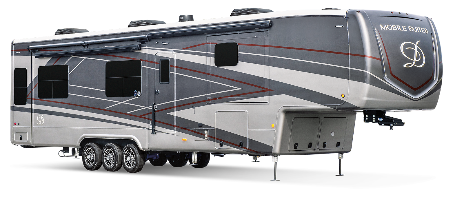 A large, modern luxury 5th wheel RV trailer with a sleek silver and gray exterior featuring red and white graphic accents. It boasts multiple windows, three axles, and a top section slightly overhanging the front, perfect for those seeking luxury RVs for sale.