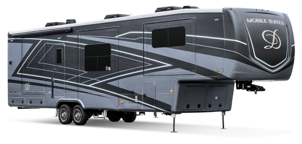 A large, sleek gray RV with modern, geometric graphics and luxury appeal. This luxury 5th wheel RV features multiple windows, dual rear axles, and prominent branding on the front, marking it as part of the Mobile Suites line.