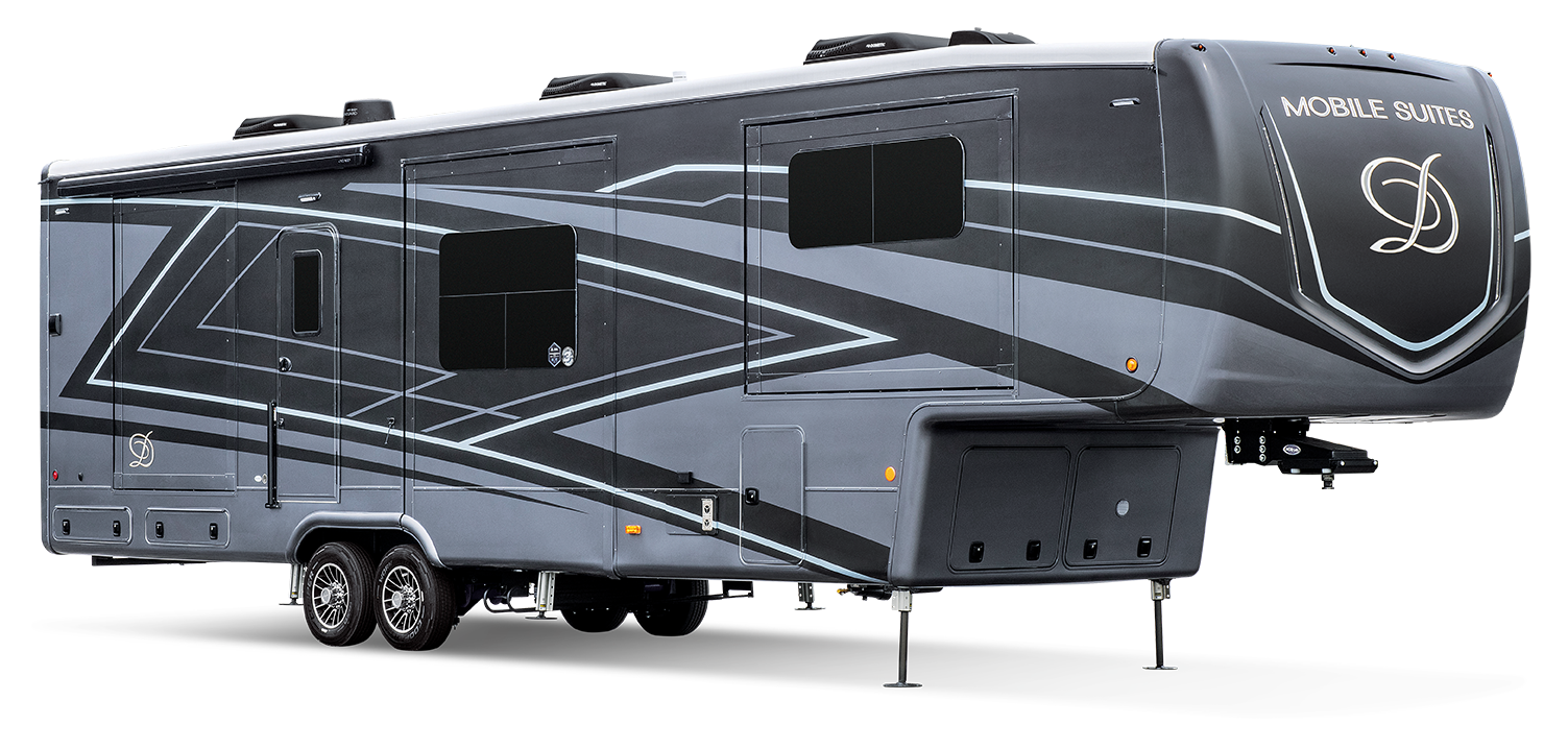 A large, sleek gray RV with modern, geometric graphics and luxury appeal. This luxury 5th wheel RV features multiple windows, dual rear axles, and prominent branding on the front, marking it as part of the Mobile Suites line.
