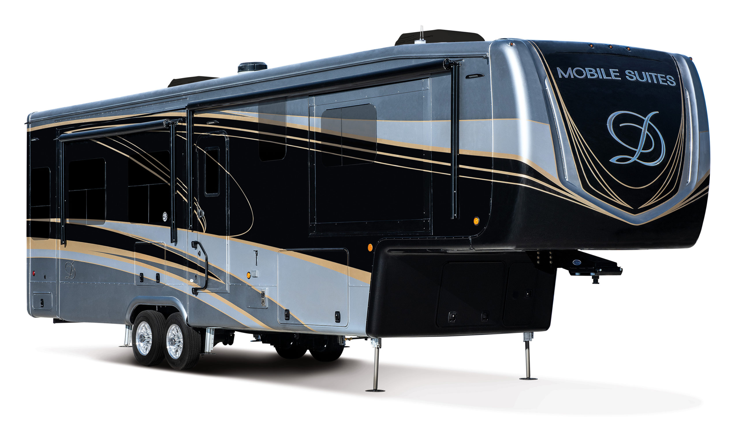 Luxury fifth-wheel trailer with a black, grey, and gold design. Despite its size, it rivals ultralight travel trailers with its aerodynamic efficiency. Featuring multiple slide-outs, large windows, and a dual axle, the Mobile Suites logo and stylized D adorn the front while it rests on hydraulic jacks.