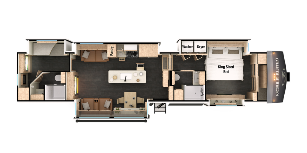 Floor plan of a luxury RV featuring a kitchen with an island, dining and living areas, a bedroom with a king-sized bed, and a bathroom. Includes washer and dryer, pantry, and exterior entrances on both sides.