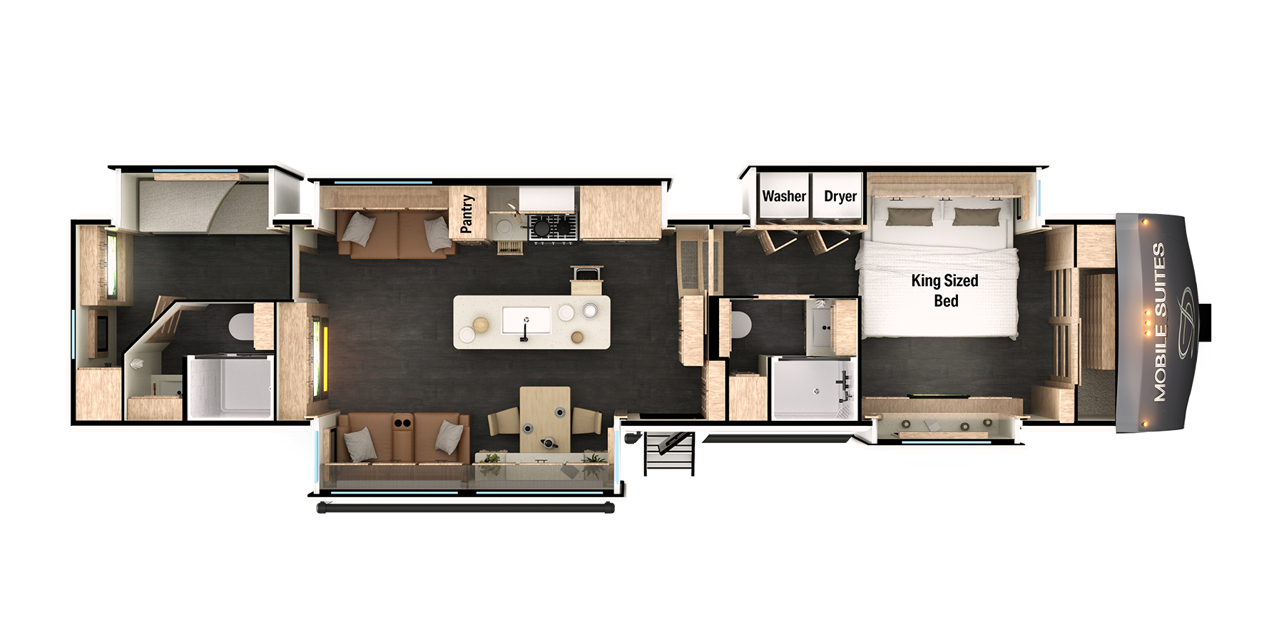 Floor plan of a luxury RV featuring a kitchen with an island, dining and living areas, a bedroom with a king-sized bed, and a bathroom. Includes washer and dryer, pantry, and exterior entrances on both sides.