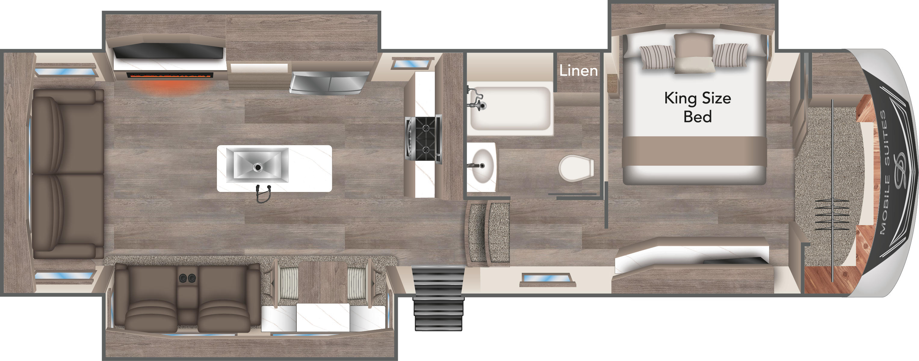 Top-down view of an RV interior layout featuring a living area with sofas, a kitchen, a bathroom with a shower and toilet, linen storage, and a bedroom with a king-size bed.