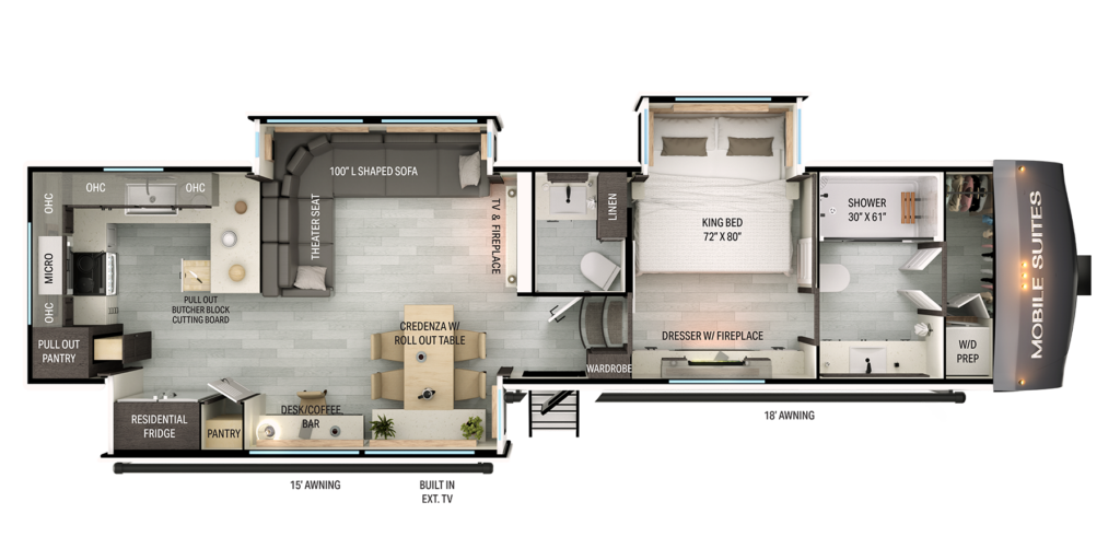 Floor plan of a luxury RV showing a kitchen with appliances, living area with sofas and fireplace, bathroom with large shower, and bedroom with king bed, dresser, and fireplace; labeled storage and amenities throughout.