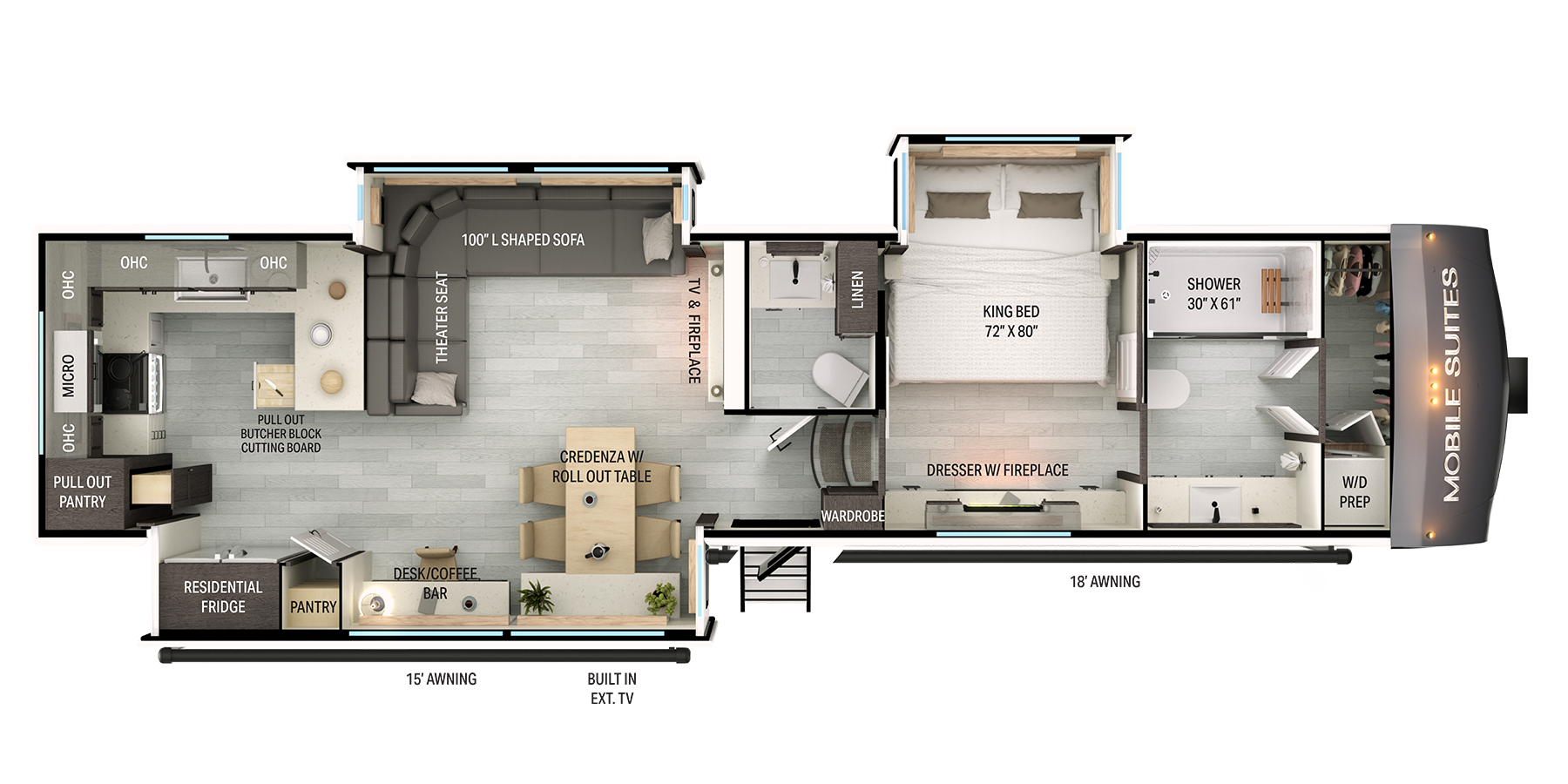 Floor plan of a luxury RV showing a kitchen with appliances, living area with sofas and fireplace, bathroom with large shower, and bedroom with king bed, dresser, and fireplace; labeled storage and amenities throughout.