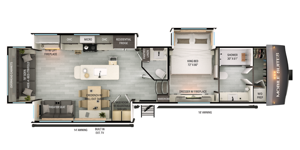 Floor plan of a mobile suite RV, showing a living area with sofa, fireplace, kitchen, dining table, bathroom with shower, washer/dryer prep area, king-size bed, dresser, and two awnings outside.