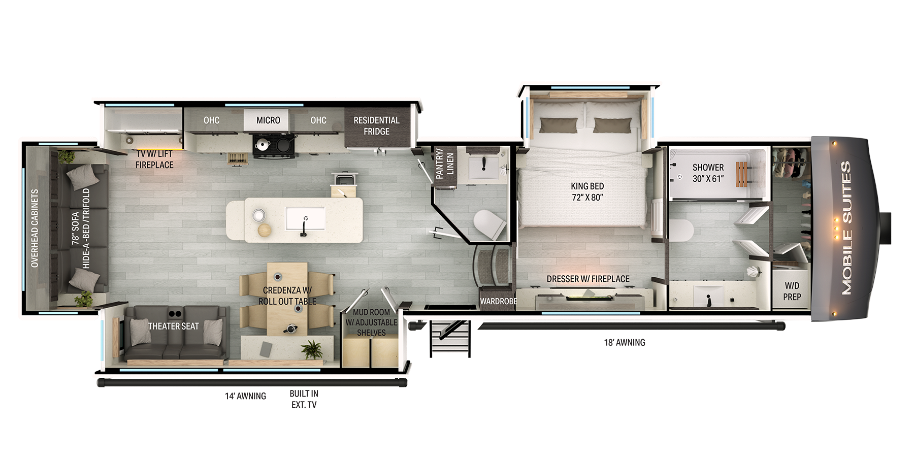 Floor plan of a mobile suite RV, showing a living area with sofa, fireplace, kitchen, dining table, bathroom with shower, washer/dryer prep area, king-size bed, dresser, and two awnings outside.