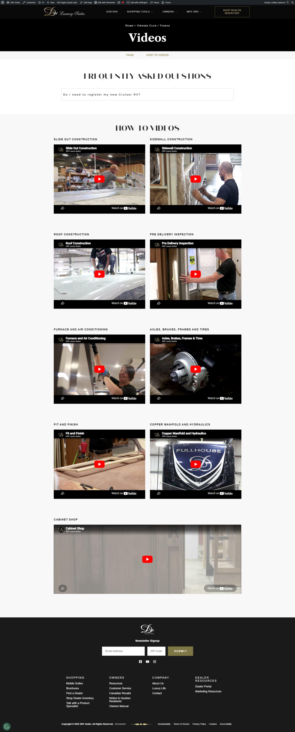 A website page displays a collection of How To videos about luxury doors, with thumbnails of people demonstrating installation, care, or adjustment techniques, followed by a frequently asked questions section and the site footer.